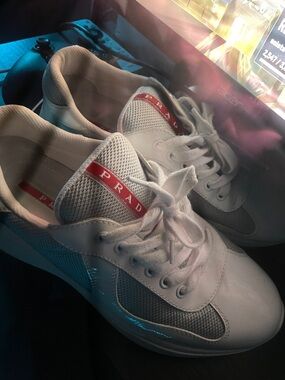 Prada White Sneakers with Red Logo Detail
